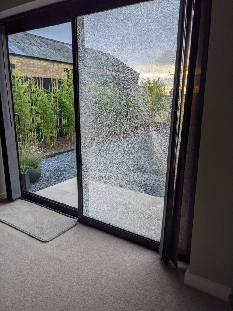 Shattered sliding glass door panel